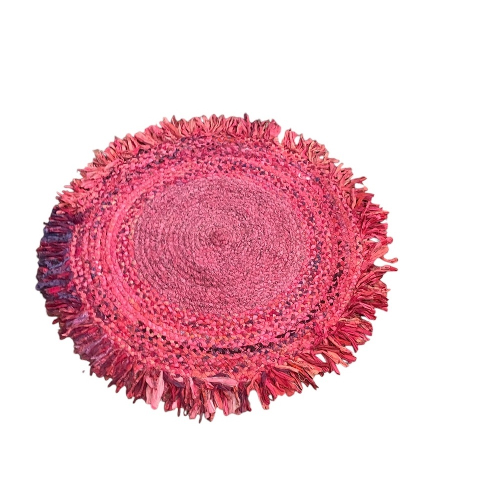 NWOT Handmade Braided Multi Color Block‎ Rag Rug With Fringe Round Rug, - Picture 2 of 12